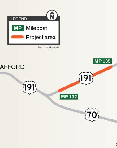 US 191: Milepost 132 to 135 Passing Lanes Project Map