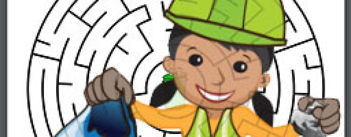 cartoon drawing of girl with hard hat on, over a maize background