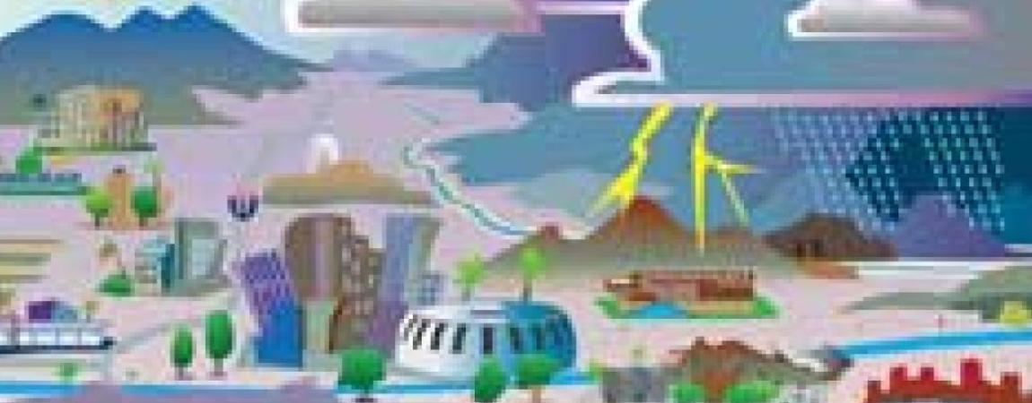 drawing of colorful mountains, valleys, cities, and water