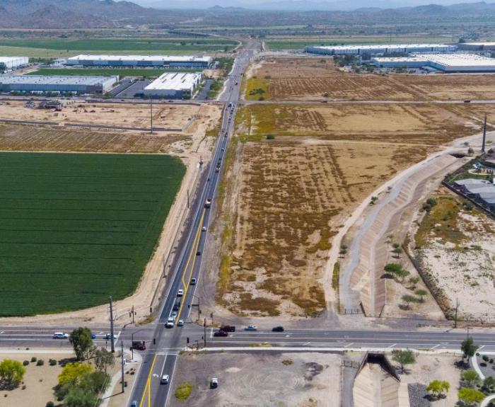 Aerial photo of Loop 303 corridor (Cotton Lane) looking south in Goodyear area (ADOT photo May 2023)