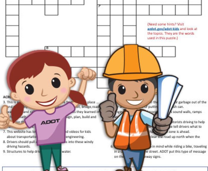 Two animated kids in construction clothing standing in front of a crossword puzzle.