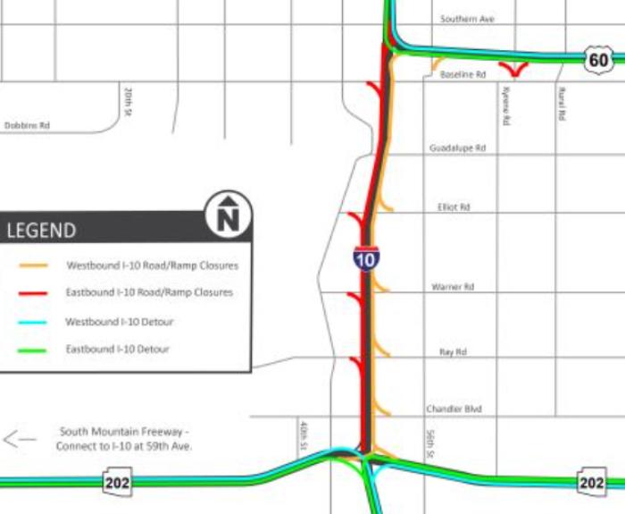 A project map of closures and detours for I-10 between US 60 and Loop 202