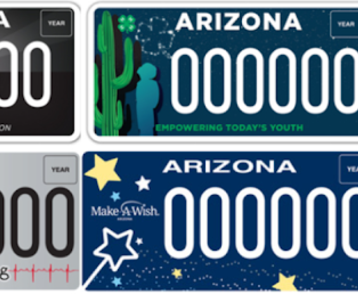Specialty license plates for Supporting Arizona Education, Empowering Today’s Youth, Keep Hearts Beating and Make-A-Wish.
