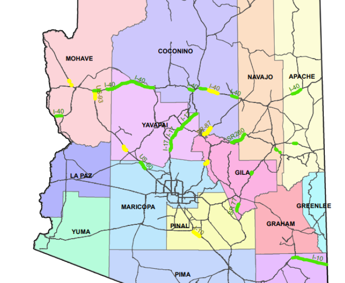 A map of Arizona containing locations where ADOT will perform pavement repairs.