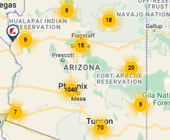 A screenshot of a map of Arizona on the az511.gov website, showing event and incident icons.