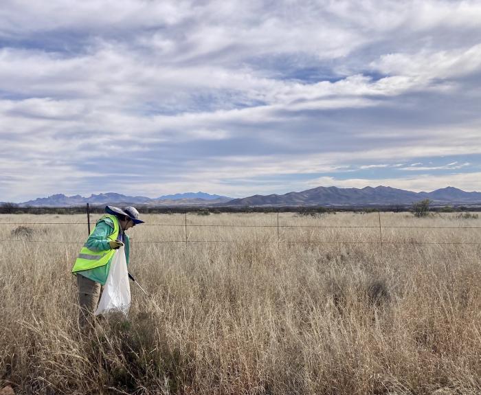 A woman removes litter from a highway shoulder in a rural, desert area with mountains in the distant background.