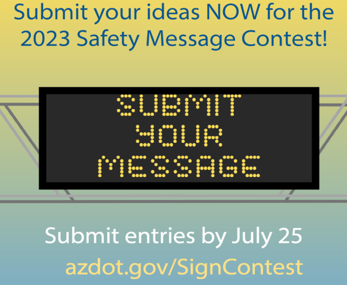 Graphic with a gradient from yellow to blue top to bottom featuring a sign that says "Submit your message."