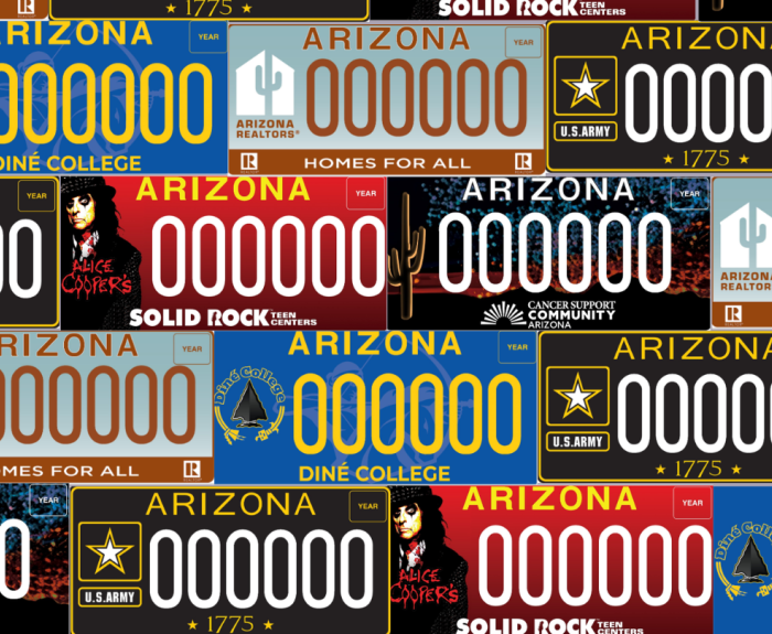A collage of the images of many Arizona specialty license plates.