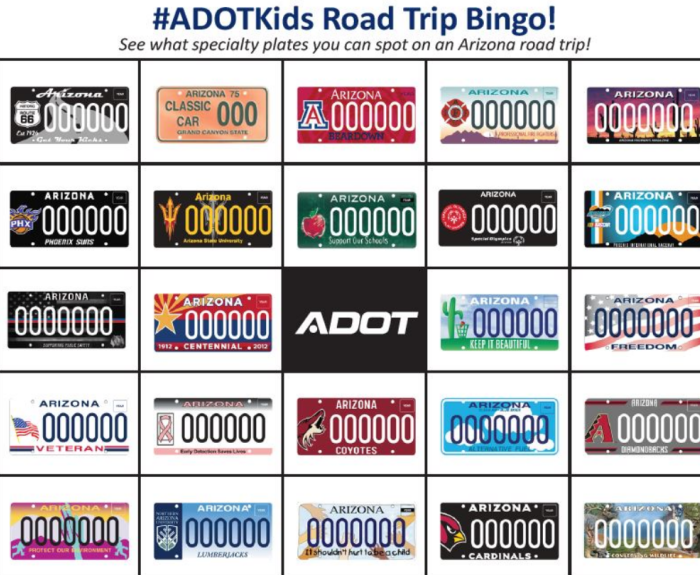 A bingo card with various Arizona specialty license plates.