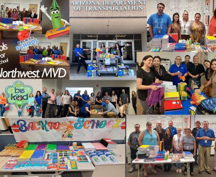 A photo collage showing people gathered around school supplies that will be donated to students.