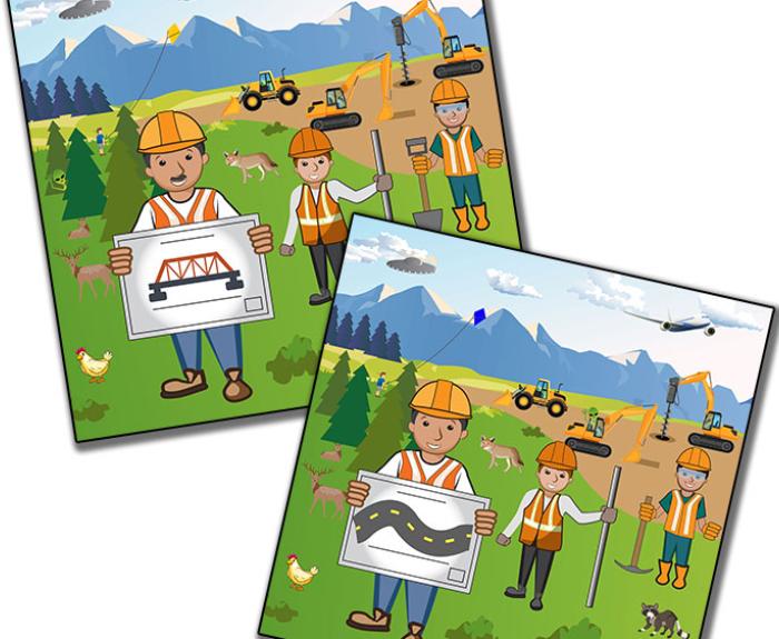 Animated drawings of two construction sites.