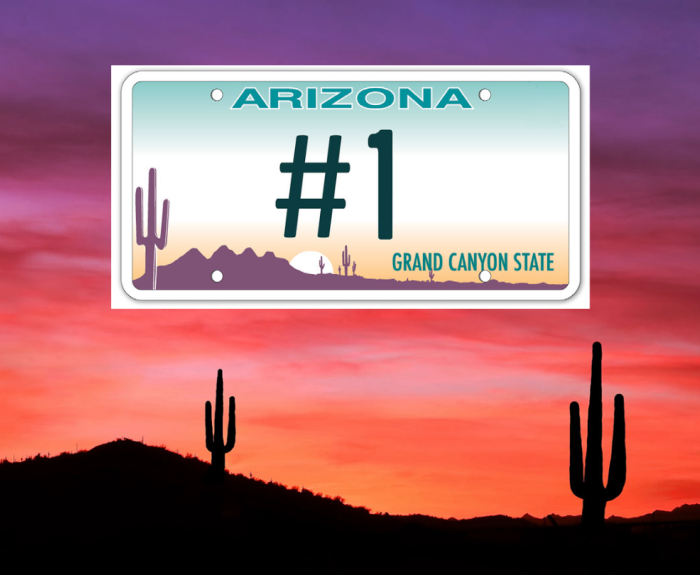 An Arizona license plate is pictured in the foreground of a desert sunset. The sky is colored shades of yellow, orange, pink, red and purple. Two saguaro cactus can be seen.