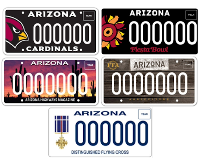 Five license plates displayed on a white background.