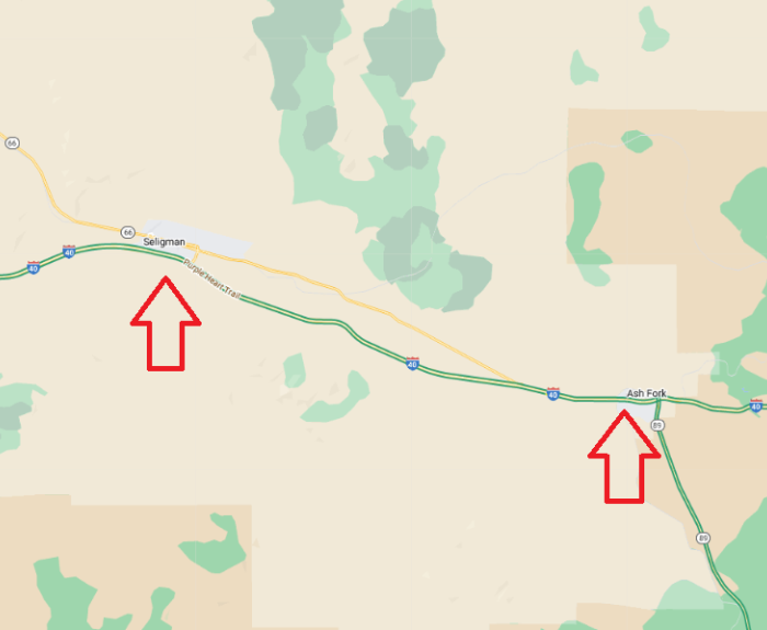 Map showing Seligman and Ash Fork on Interstate 40 in northern Arizona