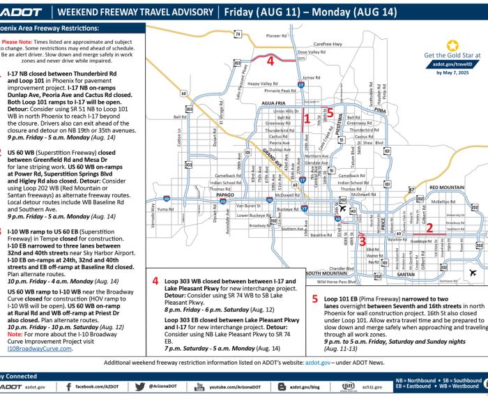 Weekend Freeway Travel Advisory Map (Aug. 11-14, '23) - ADOT Phoenix Area