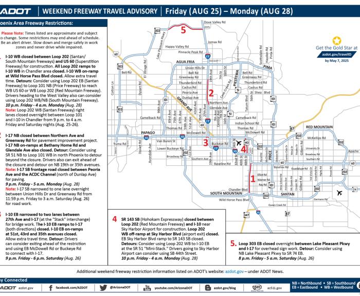 ADOT's Weekend Freeway Travel Advisory (Aug. 25-28, 2023) - Phoenix Area