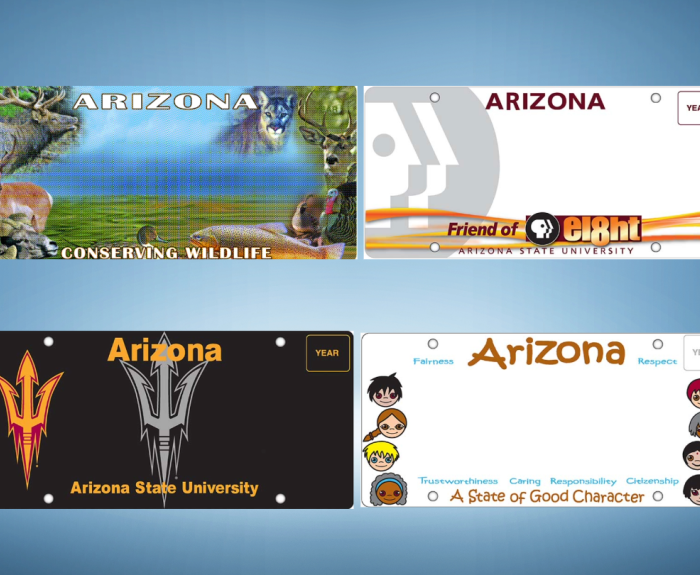 Four Arizona speciality plates. From top left: Conserving Wildlife, Friends of Eight, Arizona State University and a State of Good Character