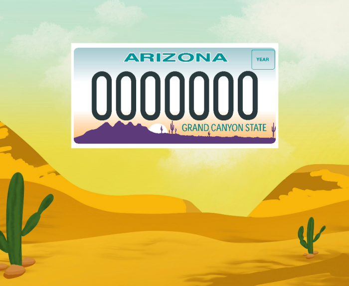 An image of an Arizona license plate atop an animated desert landscape.