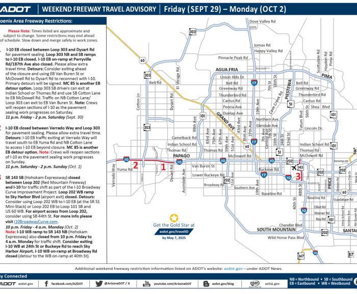 ADOT's Weekend Travel Advisory Map (Sept. 29-Oct. 2, 2023) - Phoenix Area