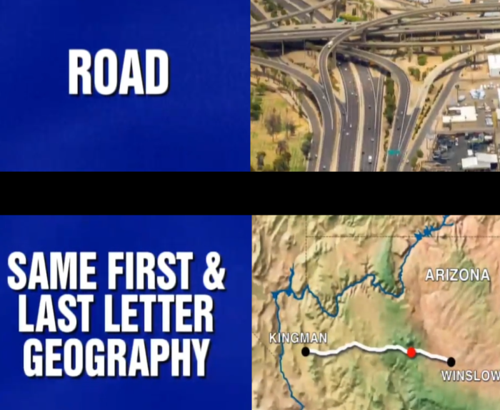 Two clues from Jeopardy. The categories are on the left and read "Road" and "Same first and last letter geography," from top to bottom. On the right is a picture of the Stack annd a map between Kingman and Winslow from top to bottom.