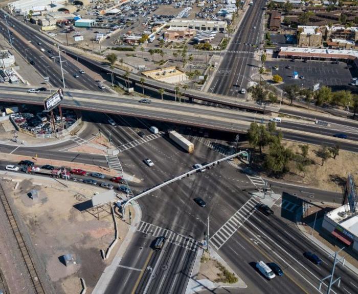 Aerial photo of Grand Avenue traveling under Indian School Road (ADOT photo)