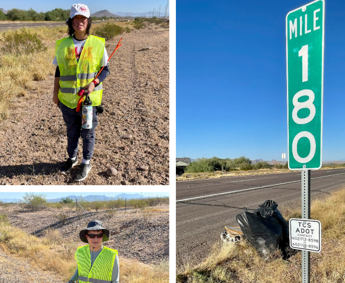 A collage of three photos. One shows a woman picking up litter along a highway, another shows a man picking up litter along a highway, and the third shows a highway milepost sign with a bag of collected litter nearby.