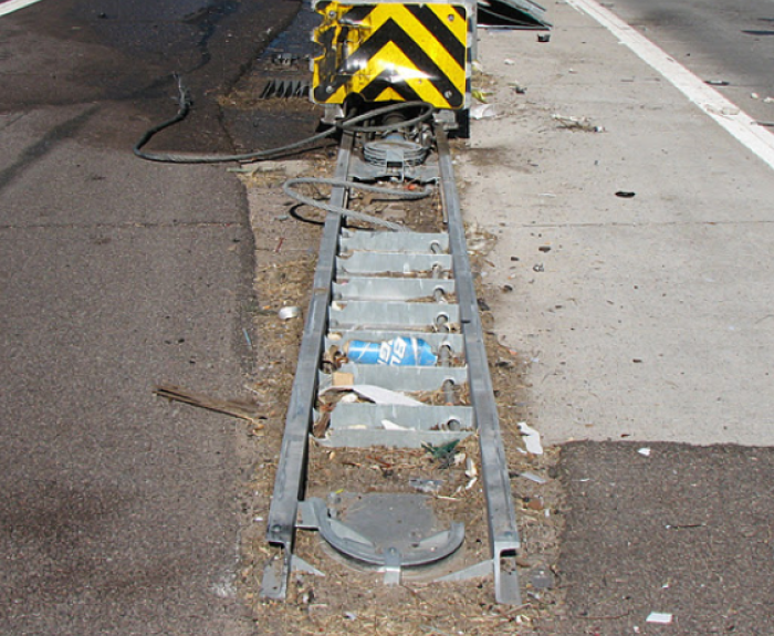A traffic attenuator after a crash.