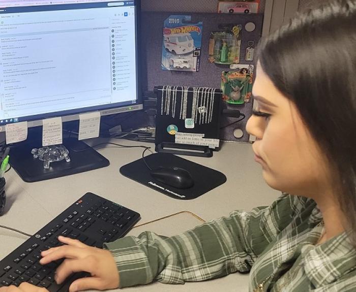 A person typing during a live chat session for MVD