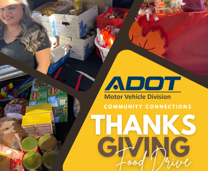 A collage of pictures depticing the MVD participating in a food drive