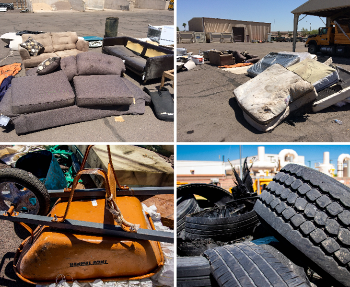 Abandoned couches, mattresses, wheelbarrows and tires in a collage