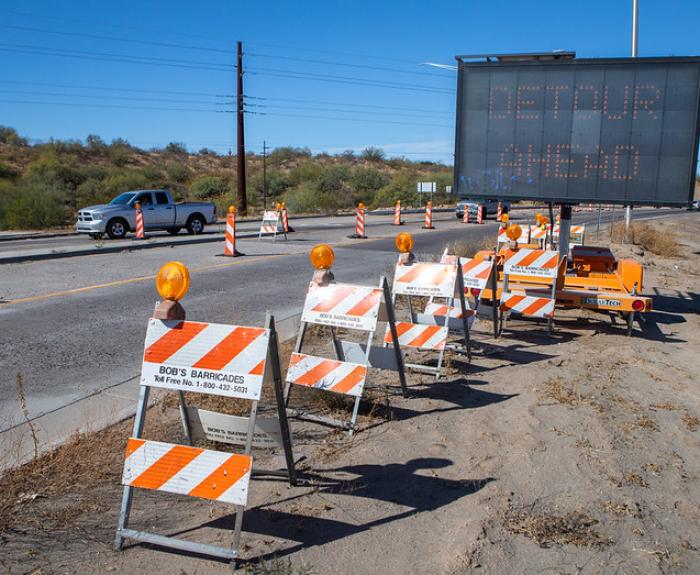 ADOT project with sign and barricades