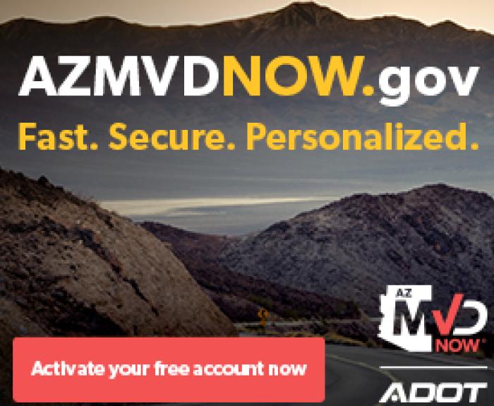 A graphic with information about the Arizona Motor Vehicle Division website azmvdnow.gov.