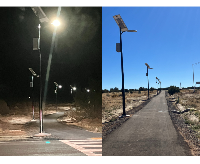 Two photos side by side, showing a pedestrian path during daytime and nightime.