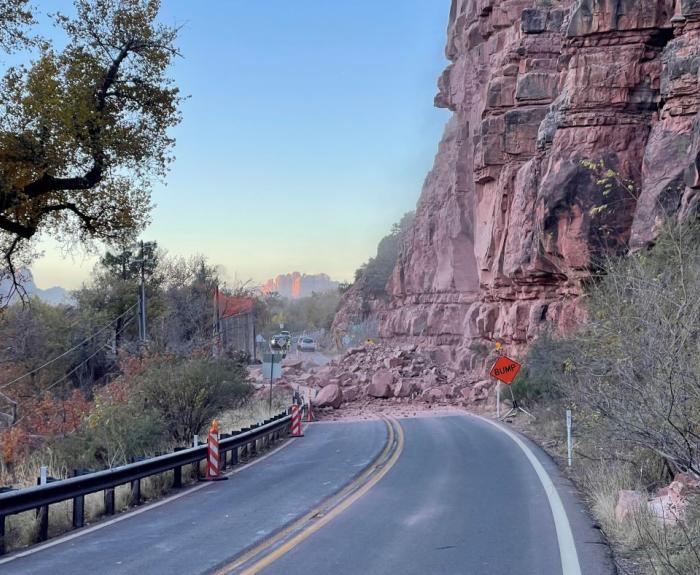 SR 89A north of uptown Sedona - debris following blast for rockfall mitigation (Dec. 2023)