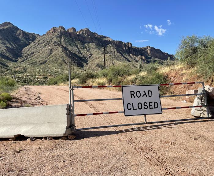 Road closed sign and gate on State Route 88