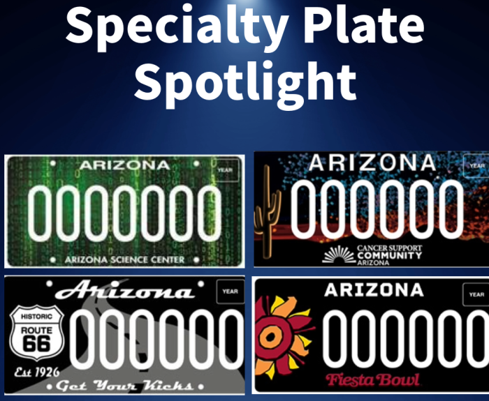 A graphic that says "Specialty Plate Spotlight" above four AZ MVD specialty plates: Arizona Science Center, Cancer Support Community Arizona, Route 66 and Fiesta Bowl
