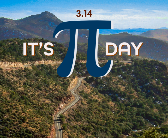 Pi symbol in front of a mountainous landscape.