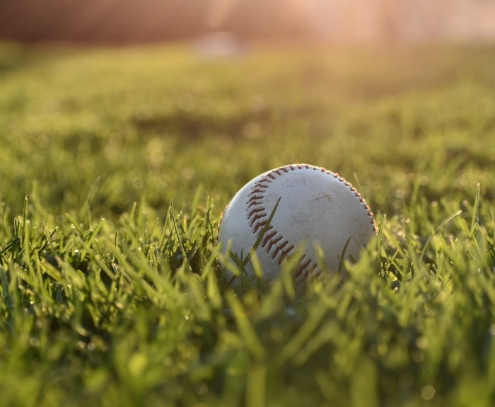 A baseball lies on grass as sun shines in the background.