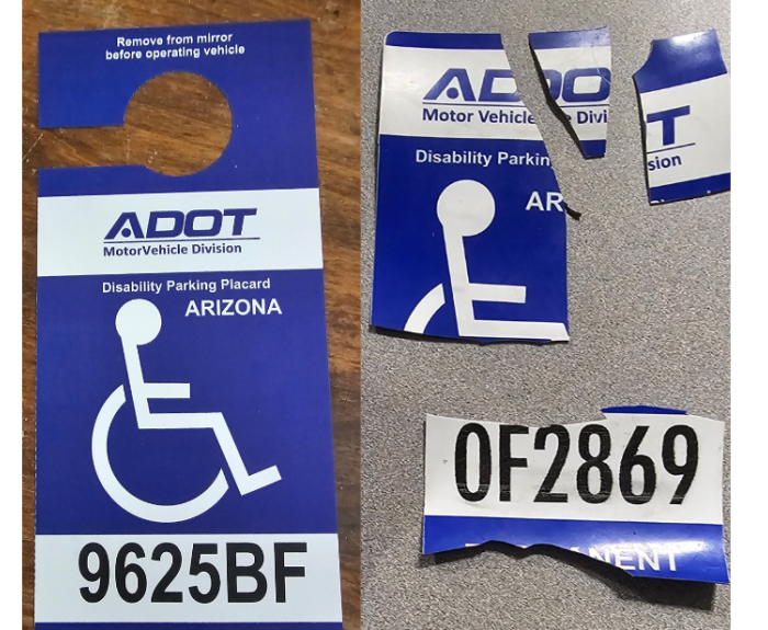 An intact disability placard and a worn and torn disability placard.