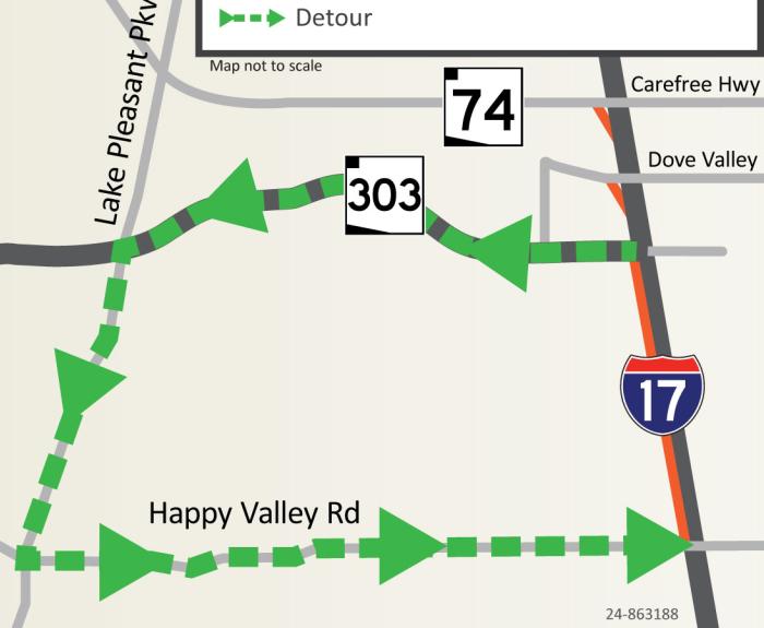 Southbound I-17 Weekend Closure Map (Loop 303 to Happy Valley May 28, 2024 ADOT)