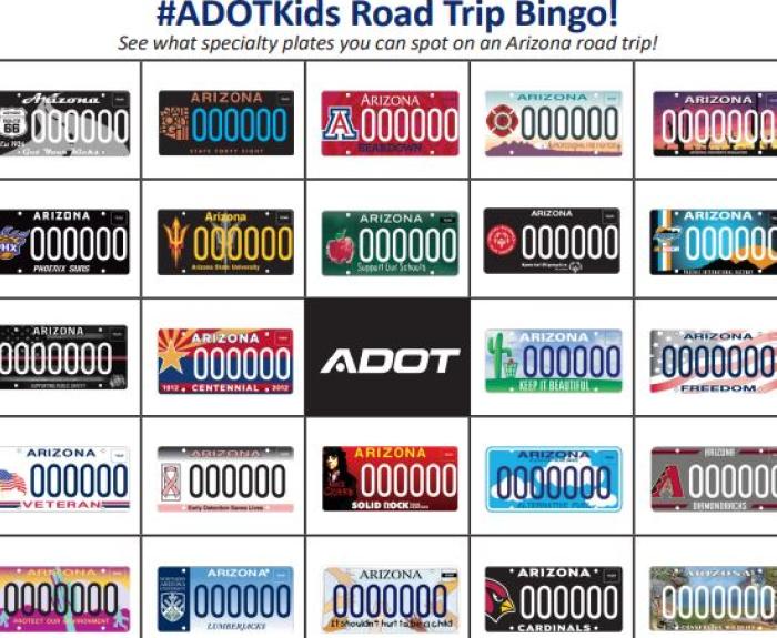 A bingo card with 25 spaces. 24 of them contain specialty license plates. The space in the middle contains the ADOT Logo.