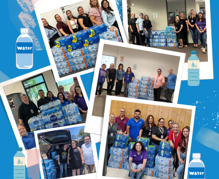 A collage of photos featuring people collecting water bottles.