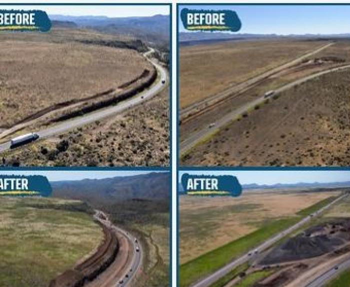 Four before-and-after photographs that show how much earth blasting removed. 
