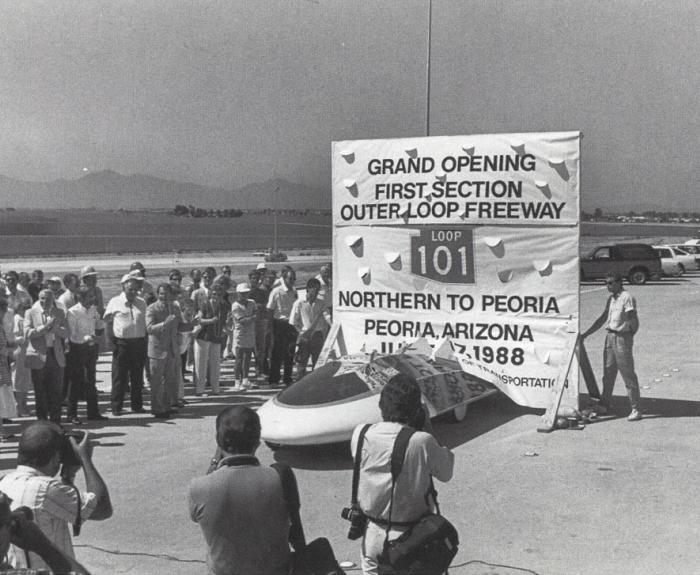 Solar-powered car christens the new State Route 101  (Loop 101) in 1988 during the grand opening of the first segment, in the West Valley from Northern to Peoria avenues.