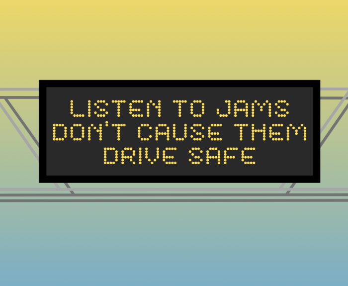 A graphic of a digital highway board encouraging motorists to drive safe.