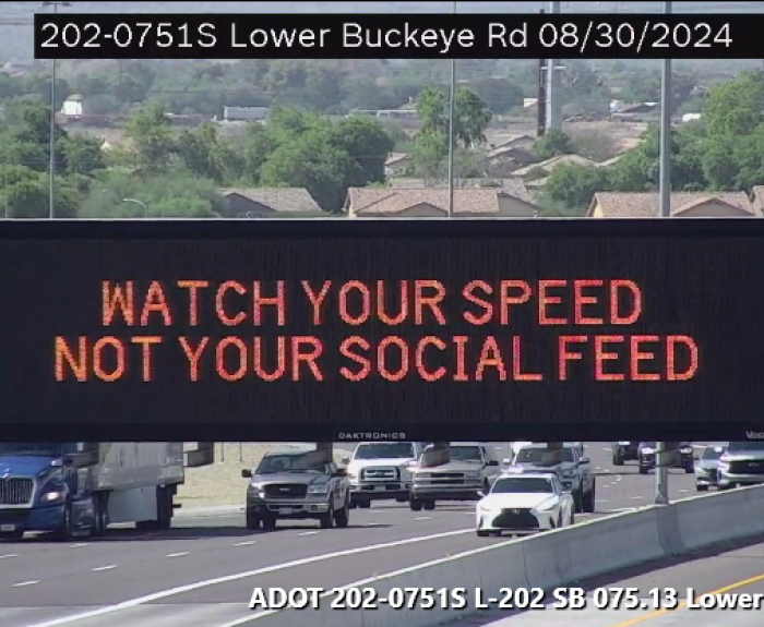A highway message board encouraging drivers to watch their speed.