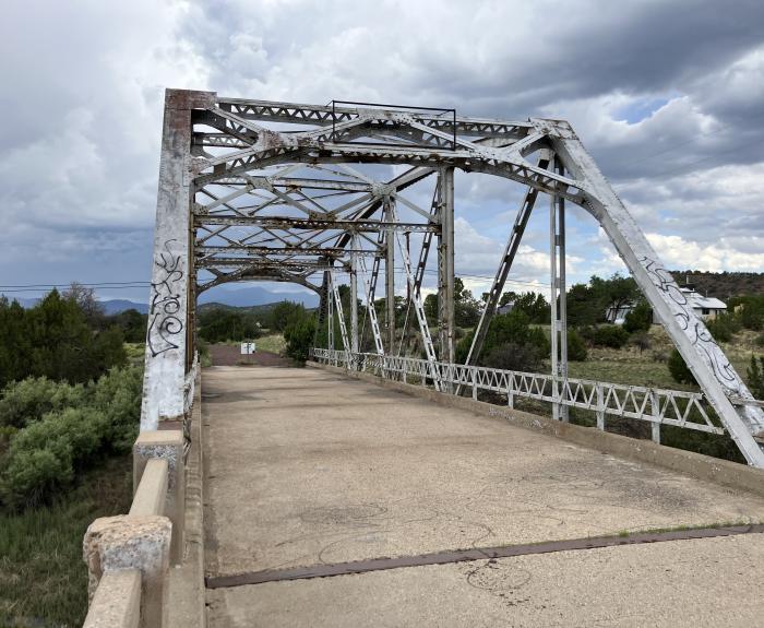 An old, weathered metal truss bridge with graffiti spans over greenery under a cloudy sky.