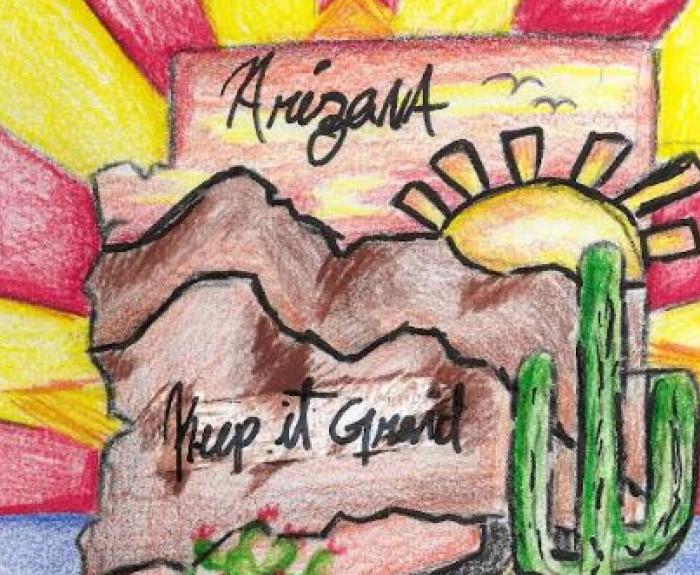 A drawing of the state of Arizona, including desert scenery, a cactus, the sun and the state flag.