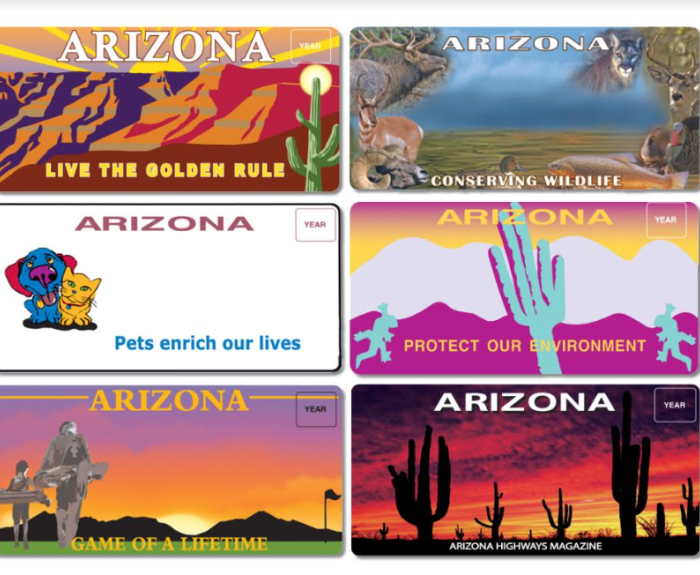 An image featuring six specialty license plates:  Live the Golden Rule, Conserving Wildlife, Pets Enrich our Lives, protect Our Environment, Game of a Lifetime, Arizona Highway's Magazine