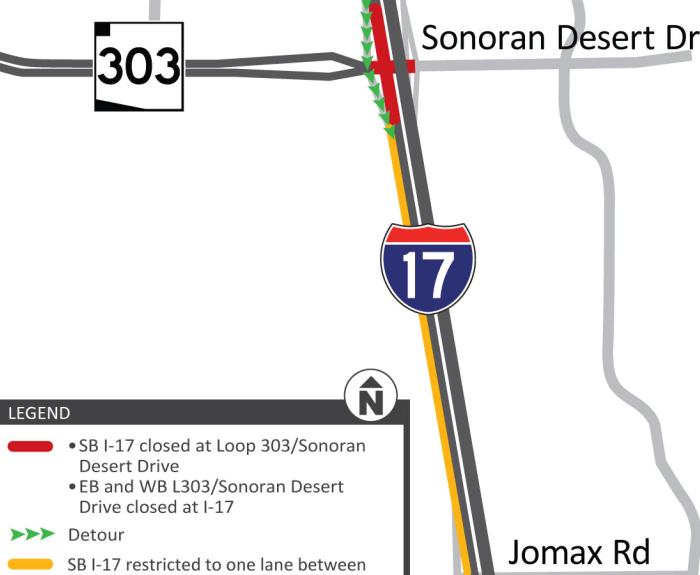 Map of I-17 southbound restriction this weekend